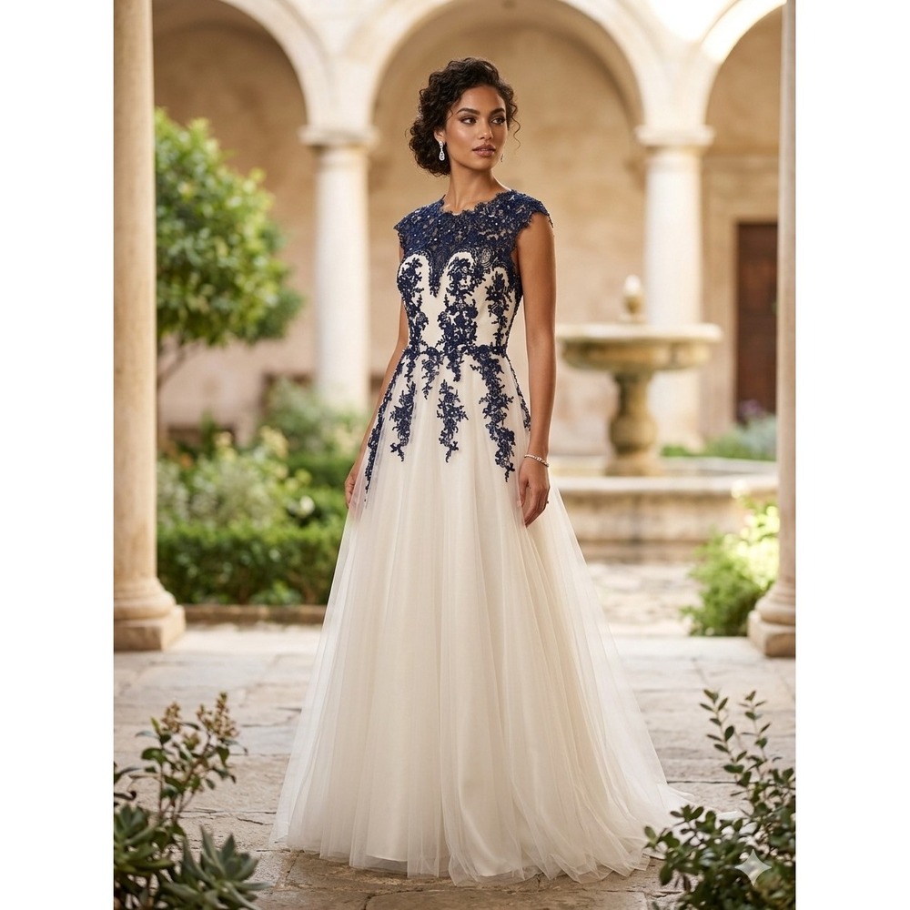 Custom S/XS L Ivory Cream A-Line Formal Gown Navy Blue Lace Applique Tulle Dress